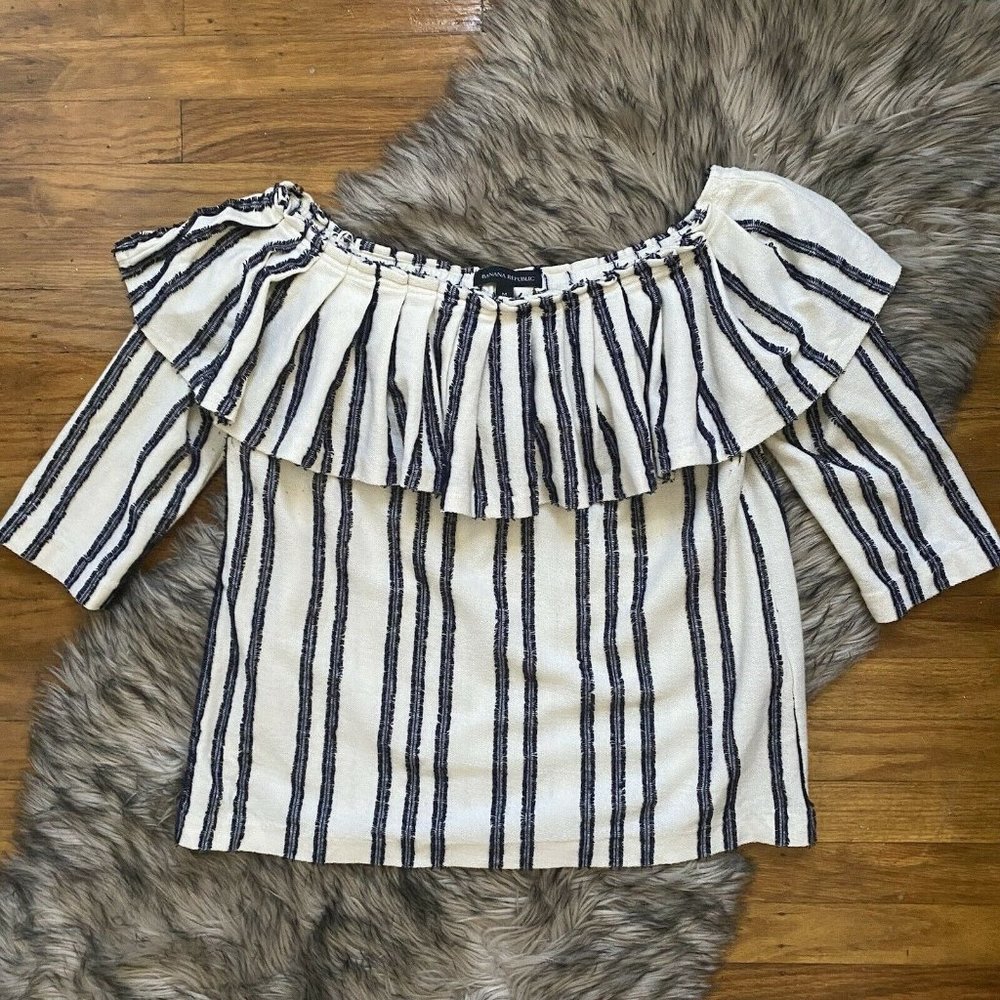 Banana Republic Women Medium, BLACK & Cream Striped Ruffle Off Shoulder Blouse